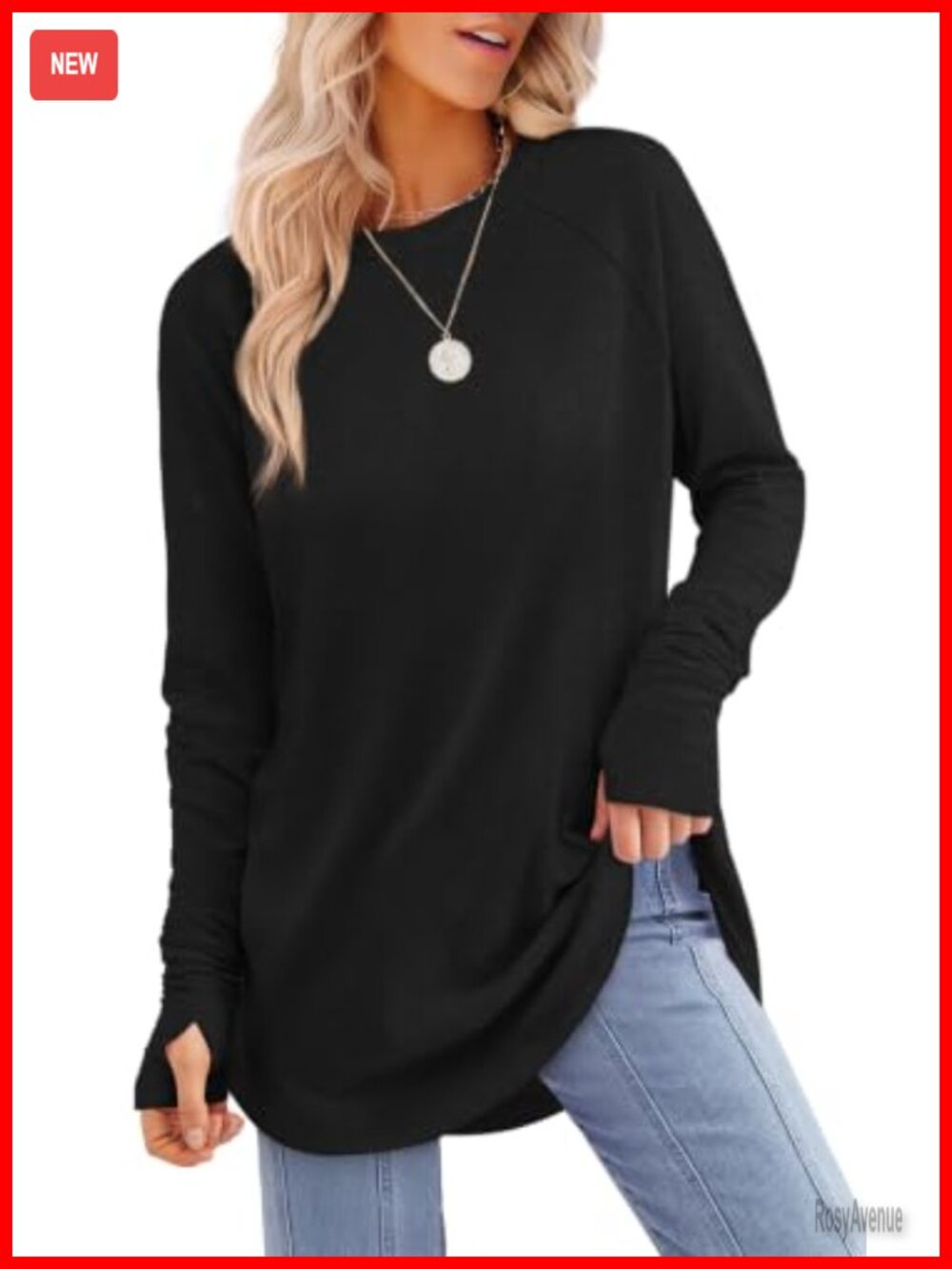 Women's Long Sleeve Tunic Top with Thumb Holes Curved Hem Loose Fit Casual